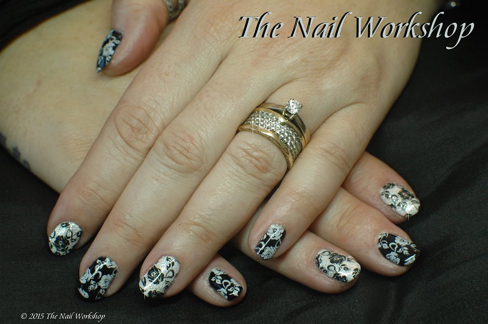 Gel II Midnight Black, Arctic White and White Glitter with Back and White Rose Stamping